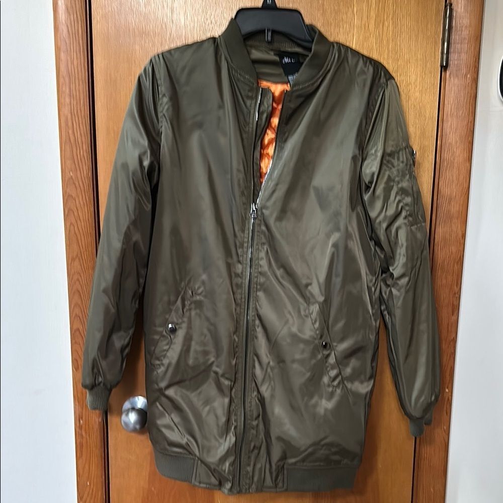 Green Bomber Jacket with Stand-Up Collar and Orange Lining